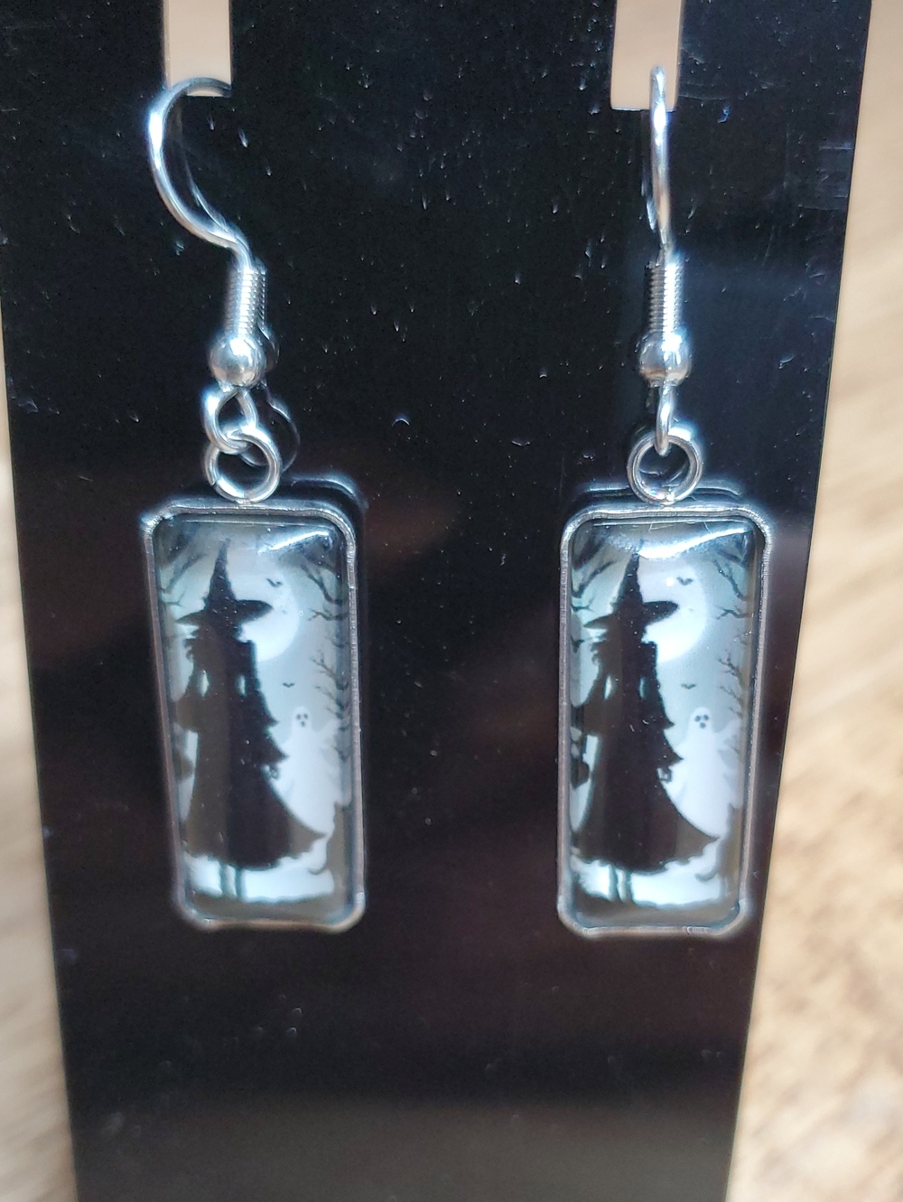 Silver Witch Silhouette Drop Earrings - Black & White